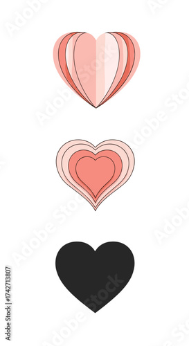 Three different types of heart shapes in various shades of pink and one black.