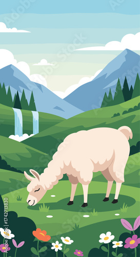 A fluffy llama grazes peacefully in a vibrant green mountain meadow.
