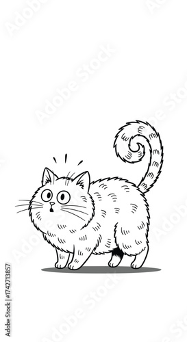 A fluffy white cat with wide eyes and a curly tail looks surprised.