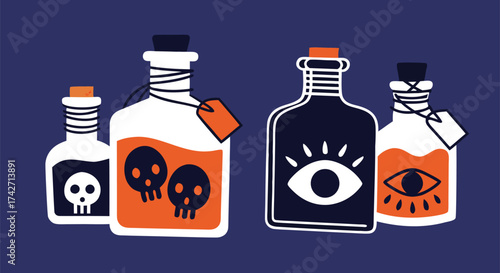 Mysterious potions and elixirs for your magical potions and spells with mystical symbols and spooky designs

