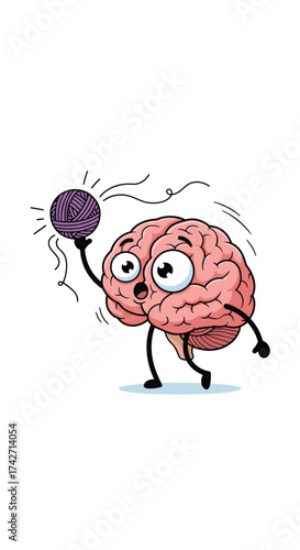 A surprised brain character is about to play bowling.