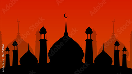 Black mosque silhouettes under an orange-red sunset sky with hanging lanterns and crescents.