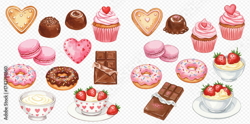 A delightful assortment of Valentine's Day treats, including cookies, chocolates, cupcakes, macarons, donuts, chocolate bars, and strawberry desserts.
