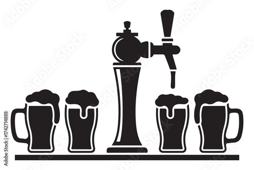 Black silhouette of beer pump for bar with tap and handle and with set full beer mugs with foam. Pouring in beer glasses. Vector Black silhouettes. with white background