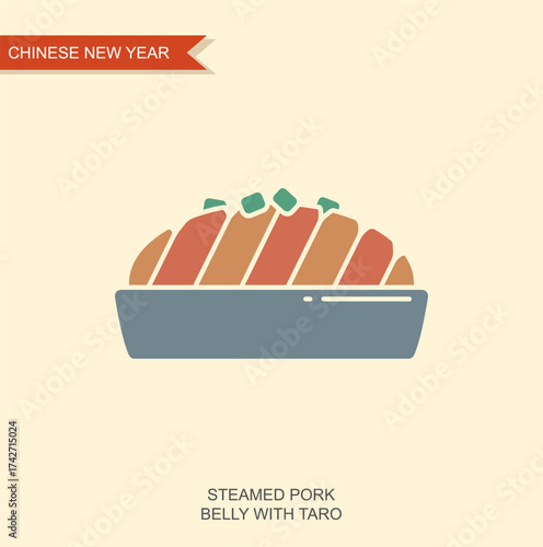 Chinese new year steamed pork belly with taro traditional food flat vector illustration