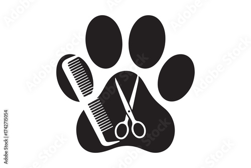 Dog grooming logo design template. Dog pawprint with comb and scissors. Vector clipart and drawing. Vector Black silhouettes. with white background