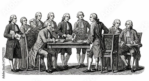 Historical gathering of enlightenment thinkers in vintage style
