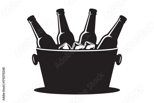 Black silhouettes bottles beer in a metal bucket with handles and ice cube. Vector Black silhouettes. with white background