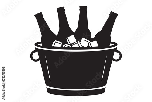 Black silhouettes bottles beer in a metal bucket with handles and ice cube. Vector Black silhouettes. with white background