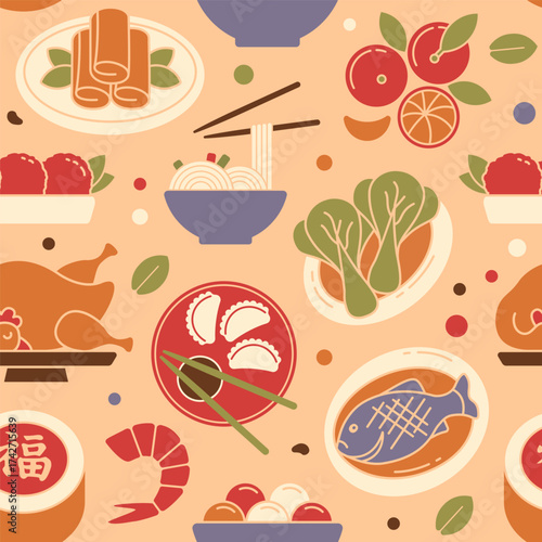 Seamless pattern with traditional chinese new year food flat vector illustration