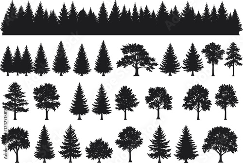 Silhouette tree collection with conifer and deciduous forms, dense forest line, broad canopies, pointed tops, outdoor landscape, environmental art