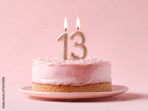 Celebrating a milestone with a delicious pink birthday cake featuring candles for the 13th birthday