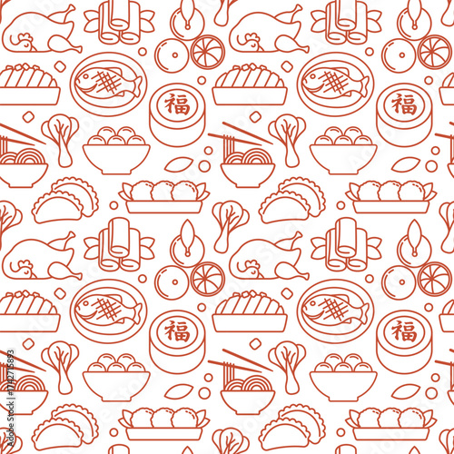 Seamless pattern with chinese new year traditional food line icons vector illustration