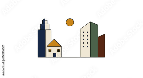 Minimalist urban skyline with geometric buildings and sun