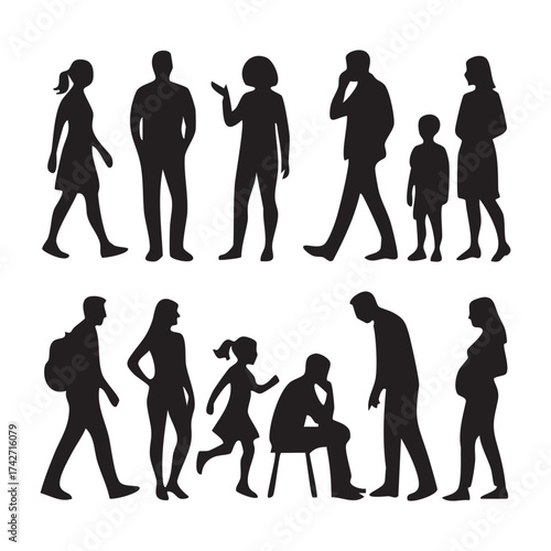 Silhouette Renderings of People Depicting Diverse Demographics Engaging in Various Activities in Public with some appearing stressed or burdened and others more relaxed