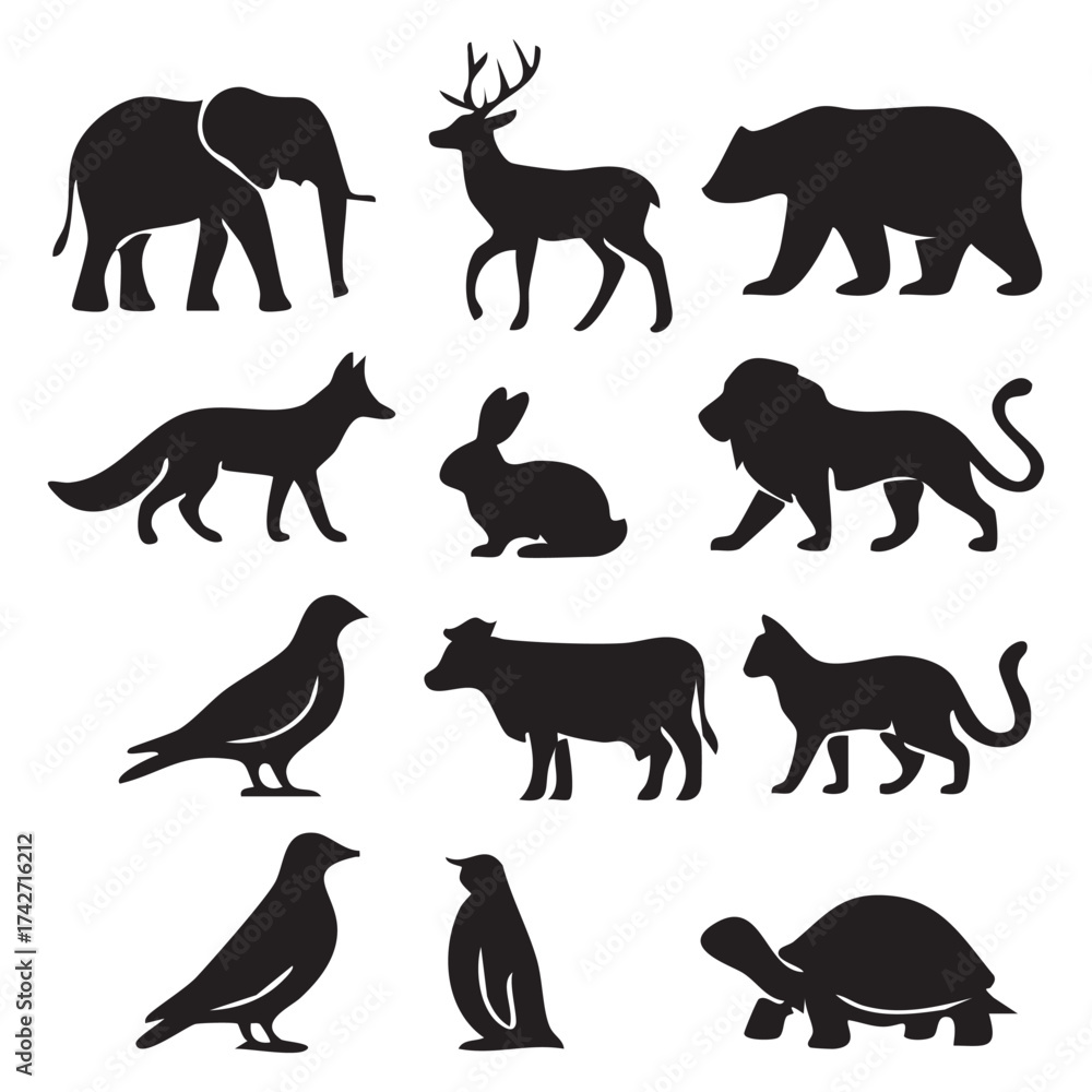 Obraz premium A Diverse Collection of Animal Silhouettes Wildlife Represented Through Simple Black Shapes A Wildlife Visual Compendium