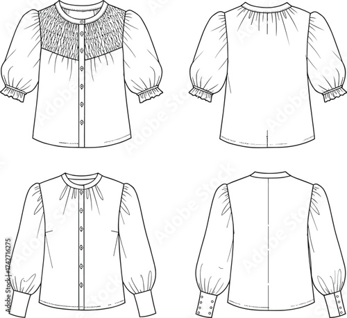 Blouse flat sketch front and back, puff sleeve fashion top, button down shirt design, vector apparel template, CAD clothing illustration