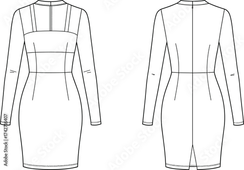Long sleeve sheath dress flat sketch, front and back technical fashion drawing, vector apparel template, CAD clothing design, elegant garment illustration