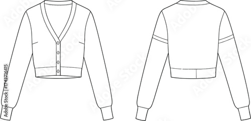 Cropped cardigan sweater flat sketch, front and back technical fashion drawing, vector apparel template, CAD clothing design, knitwear illustration