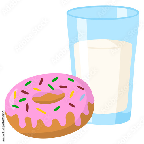 Glass with fresh milk and donate with pink frosting. Colored flat cartoon vector illustration isolated on white background. Concept of food, natural milk and tasty breakfast