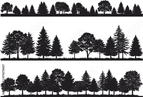 Silhouette tree collection with conifer and deciduous forms, grassy bases, detailed foliage, forest clusters, outdoor landscape, environmental illustration art