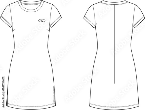 Short sleeve fitted dress flat sketch, front and back technical fashion drawing, vector apparel template, CAD clothing design illustration