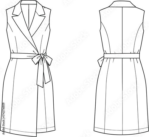 Sleeveless wrap dress flat sketch, front and back technical fashion drawing, vector apparel template, CAD clothing design, belted garment illustration