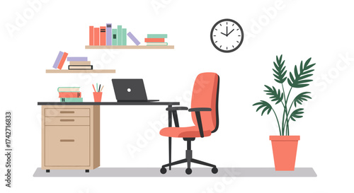 Modern home office workspace with desk, chair, laptop, shelves, and plant