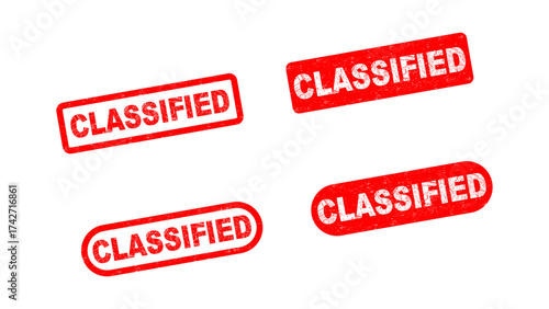 Red “CLASSIFIED” rubber stamp designs symbolizing restricted, confidential, or sensitive information, perfect for official documents, security files, and government communication.
