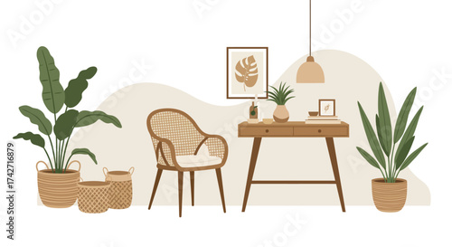 Cozy home office with rattan furniture and indoor plants in minimalist style