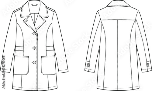 Tailored coat flat sketch, front and back technical fashion drawing, vector apparel template, CAD clothing design, outerwear illustration, garment construction detail