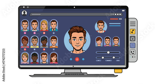 Online meeting interface for video calls with diverse character avatars on co…