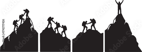 Illustration of silhouetted team of hikers climbing up a mountain