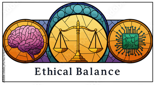 Stained glass art depicting balance between brain, scales, and circuit