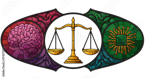 Colorful stained glass art: brain, justice scales, and circuit board balance