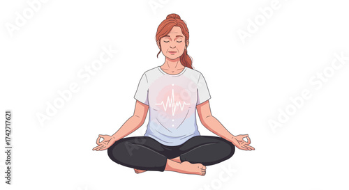Calm meditation woman sitting in yoga pose with heartbeat symbol on shirt