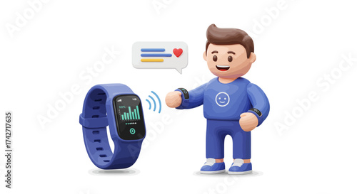 Smiling character with smartwatch and chat bubble in 3d style