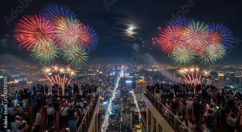 A vibrant fireworks display over a city skyline at night, with colorful fireworks illuminating the sky and a moon visible in the background.