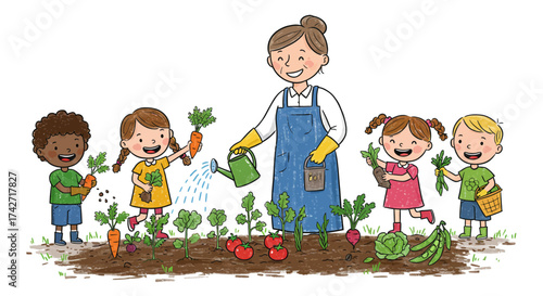 Happy kids and teacher gardening together in bright cartoon style