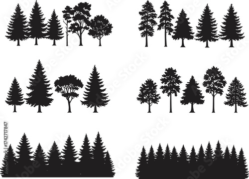Silhouette tree collection with conifer and deciduous groupings, forest clusters, botanical elements, landscape design resources, environmental illustration, natural concept art