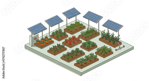 Sustainable organic gardening with solar panels in isometric design