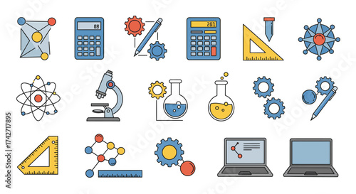 Colorful linear science and math icons featuring tools and technology elements
