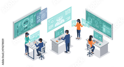 Futuristic education and collaboration in virtual reality classroom with dive…