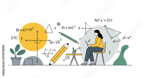 Mathematics study concept with geometric shapes and equations in flat design