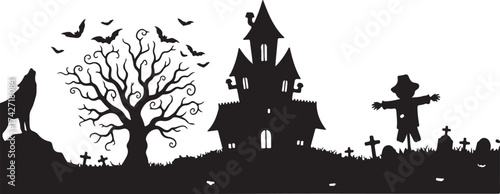 Illustration of halloween night silhouette with haunted house, wolf, scarecrow
