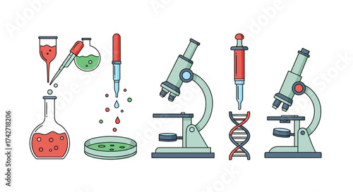 Science laboratory icons featuring microscope and dna in flat design