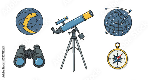 Astronomy tools and celestial navigation icons with telescope and compass