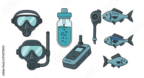 Diving gear and aquatic life: snorkels, fishes, and marine equipment in flat…