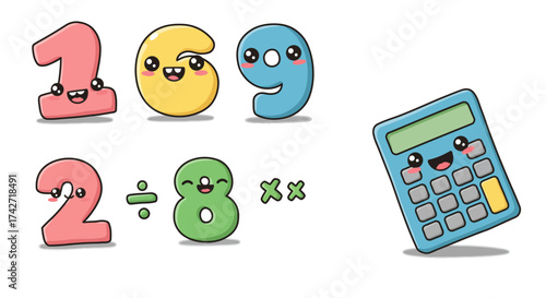 Cute cartoon numbers and calculator for fun learning and math education