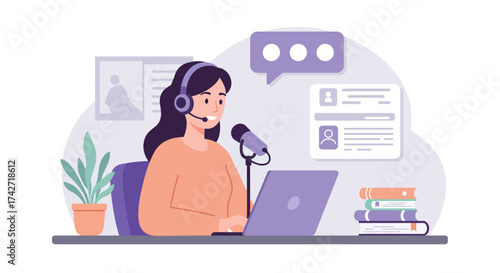 Woman working from home as customer service representative with laptop and he…
